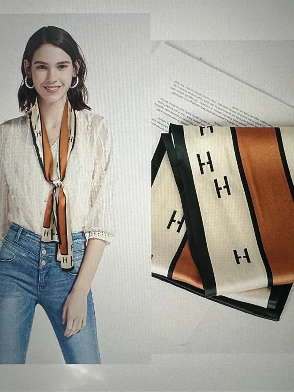 Cream and Camel Silk Scarf with H Pattern